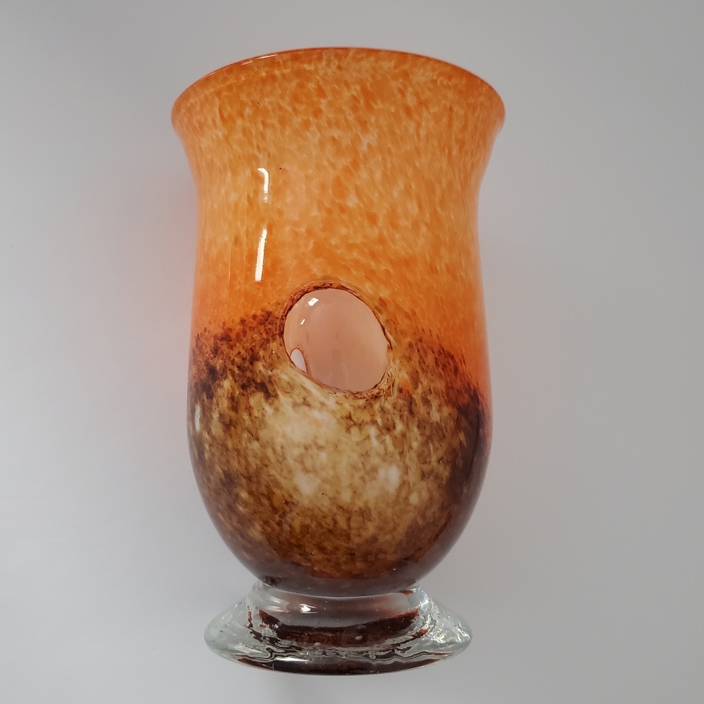 Beautiful & Elegant Splatter Art Glass Vase Peephole Design Footed Orange Brown